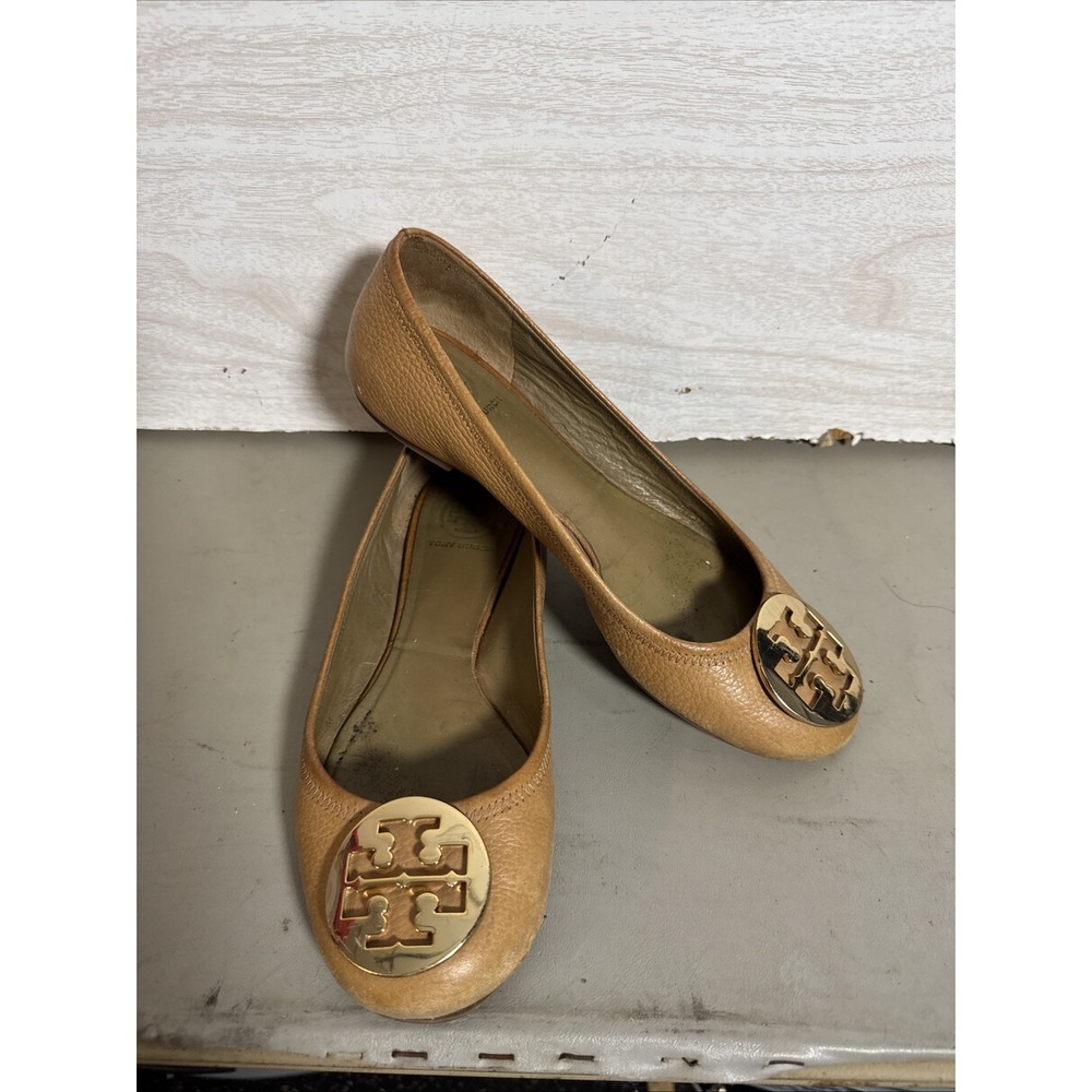 Tory Burch Pebble Leather Ballet Flats Tan Leather Gold Logo Sz 8.5